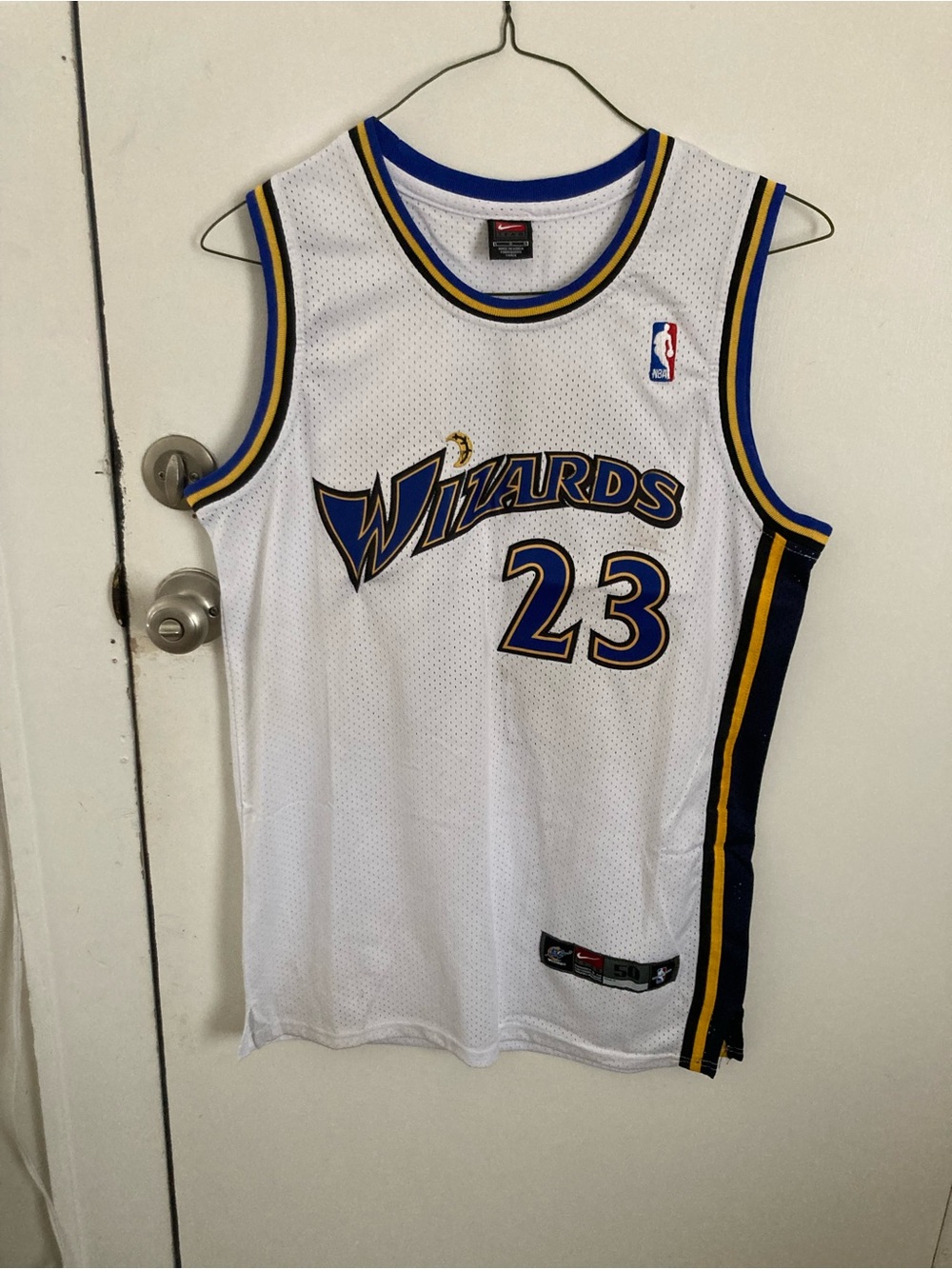 Nike Micheal Jordan White Washington Wizards 23 Jersey with Blue and Gold Trim